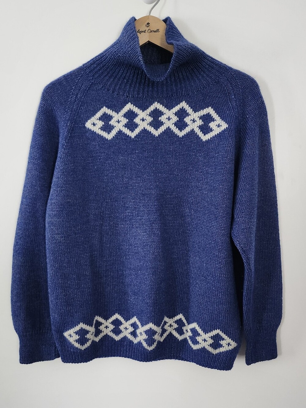 Handmade Royal Blue Wool Turtleneck Knit Sweater Scandinavian Design Medium